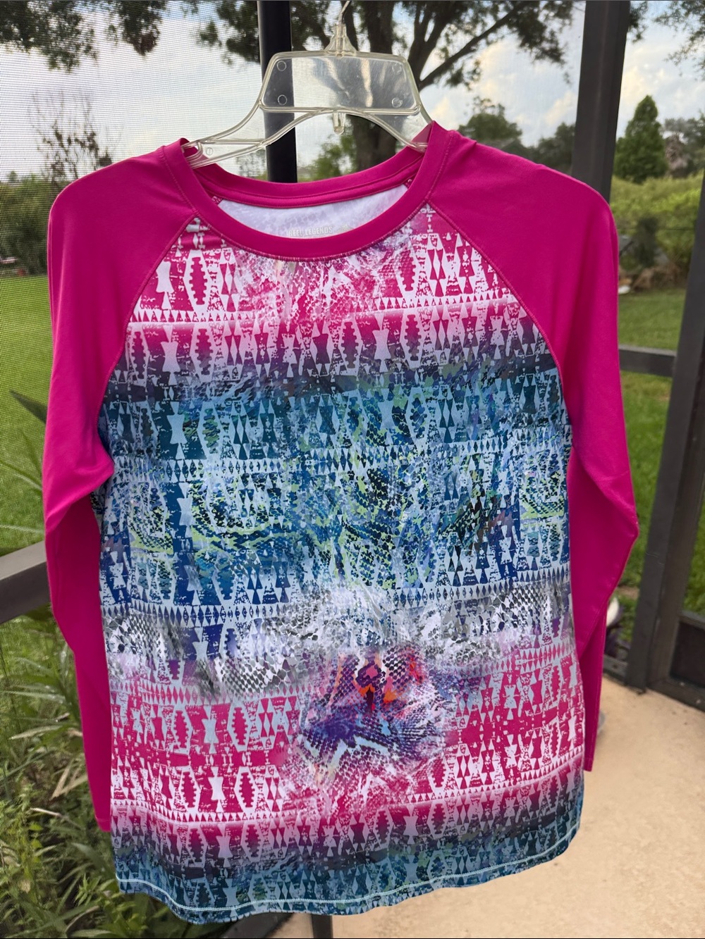 Reel Legends Girls Long Sleeve Rashguard - Fuchsia & Multi-Color Pattern